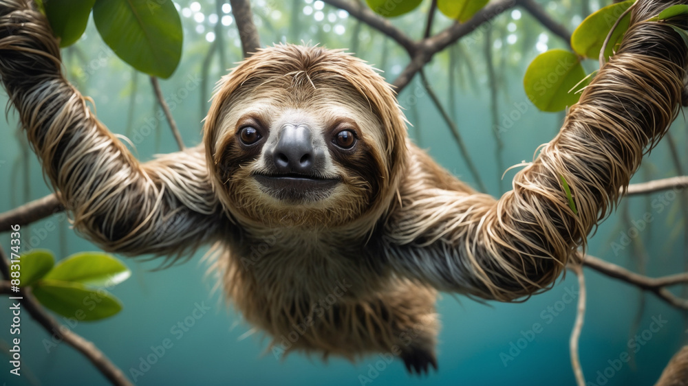 Pygmy Three-toed Sloth Hangs from Mangrove Branch in Misty Panama Rainforest Blue-green Ecosystem Calm Serene Wildlife Close-up Golden Triangle Composition - stock photo Pygmy Three-toed Sloth Hangs from Mangrove Branch in Misty Panama Rainforest Blue-green Ecosystem Calm Serene Wildlife Close-up Golden Triangle Composition - stock photo