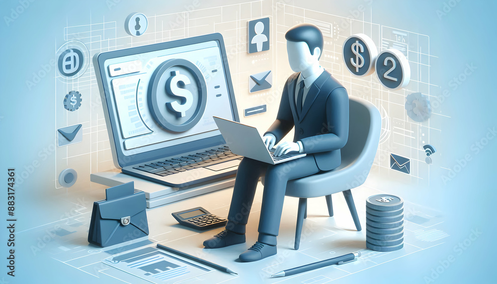 Person Using Digital Banking on Laptop 3D Flat Icon with Ample Space for Text Isolated White Background Person Using Digital Banking on Laptop 3D Flat Icon with Ample Space for Text Isolated White Background