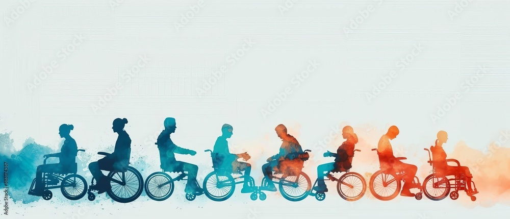 Silhouettes of diverse individuals in wheelchairs with colorful backgrounds, symbolizing inclusivity and mobility. Silhouettes of diverse individuals in wheelchairs with colorful backgrounds, symbolizing inclusivity and mobility.