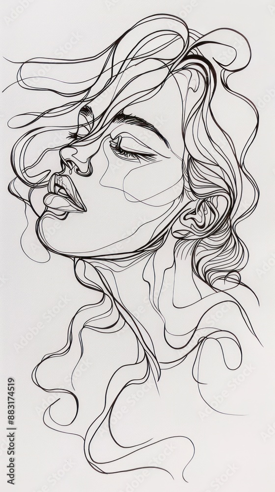 Black And White Line Drawing Of A Woman's Face With Wavy Hair Black And White Line Drawing Of A Woman's Face With Wavy Hair