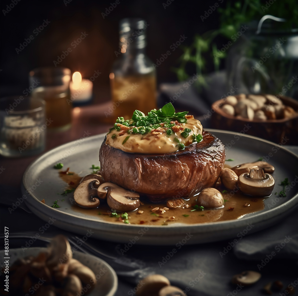 Savory and premium Steak Diane, cinematic food photography Savory and premium Steak Diane, cinematic food photography