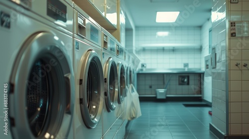 Modern clean laundry room with washing machine and dryer with shelves