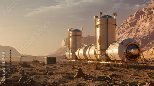 Fototapeta Naklejka Na Ścianę i Meble -  A space city or station with an expedition on the surface of Mars or  unknown planet. AI Generated