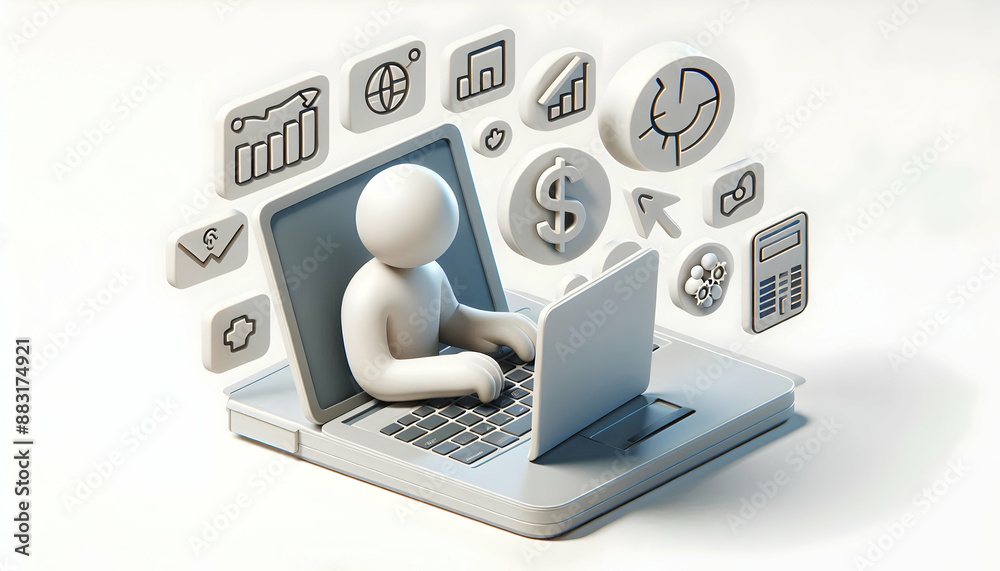 3D Flat Icon: Person Utilizing Financial Planning Software on Laptop with White Background Ample Space for Text or Graphics 3D Flat Icon: Person Utilizing Financial Planning Software on Laptop with White Background Ample Space for Text or Graphics