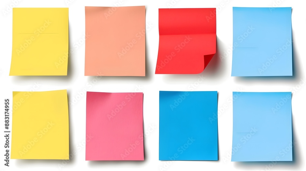 8 colorful sticky notes stuck to a white wall. copy space on blank sticky notes for text 8 colorful sticky notes stuck to a white wall. copy space on blank sticky notes for text
