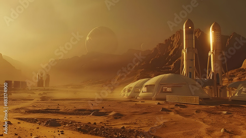 Fototapeta Naklejka Na Ścianę i Meble -  A space city or station with an expedition on the surface of Mars or  unknown planet. AI Generated