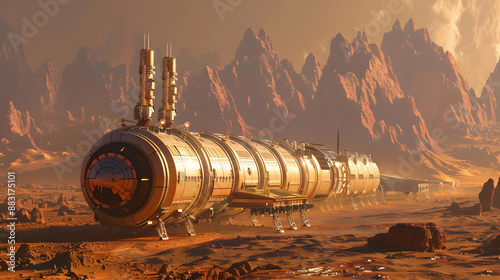 Fototapeta Naklejka Na Ścianę i Meble -  A space city or station with an expedition on the surface of Mars or  unknown planet. AI Generated