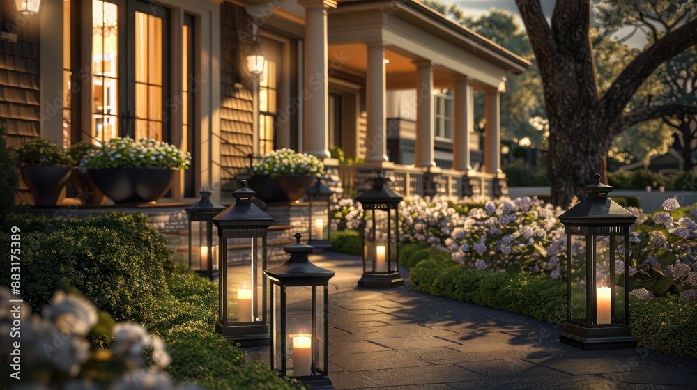 Fototapeta premium Suburban Colonial home with a series of outdoor lanterns that light up the walkway, creating a warm, welcoming path to the front door