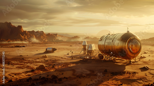 Fototapeta Naklejka Na Ścianę i Meble -  A space city or station with an expedition on the surface of Mars or  unknown planet. AI Generated