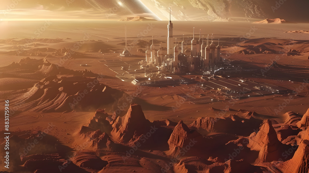 Obraz premium A space city or station with an expedition on the surface of Mars or unknown planet. AI Generated