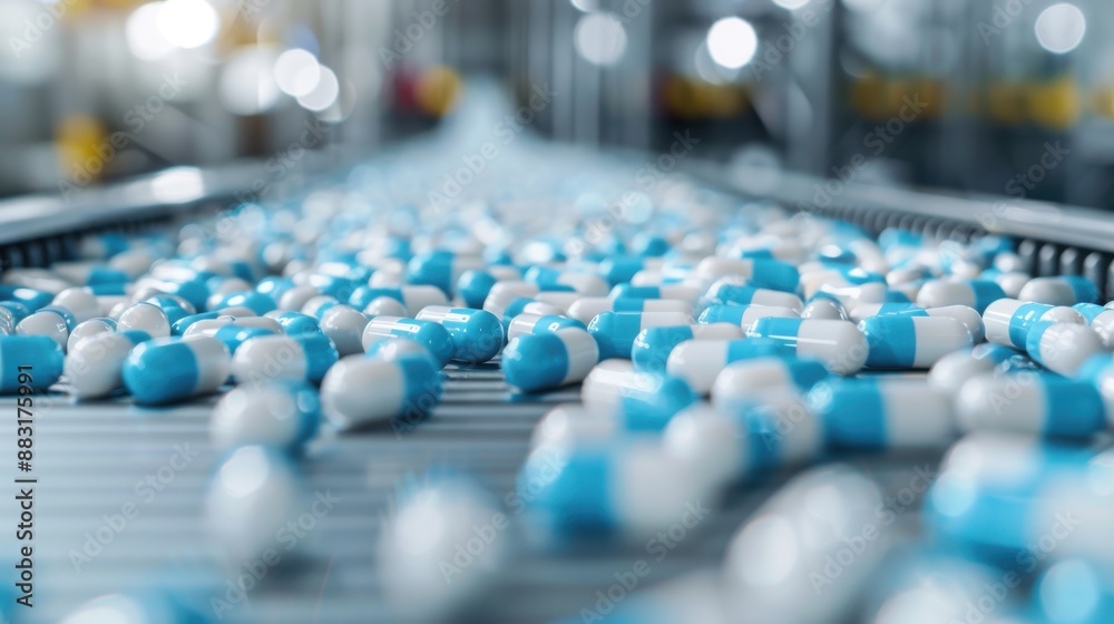 Fototapeta premium The image shows blue and white capsules being transported on a conveyor belt within a brightly lit pharmaceutical factory environment emphasizing mass production.