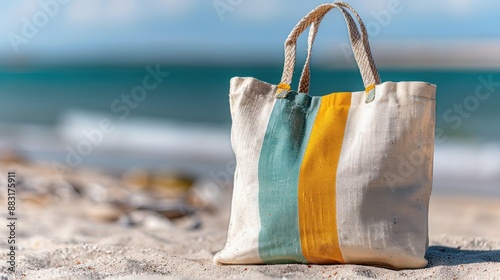 A vibrant, striped beach bag with yellow and teal colors sits on a sandy beach near the ocean, capturing the essence of a sunny, relaxing beach day. photo