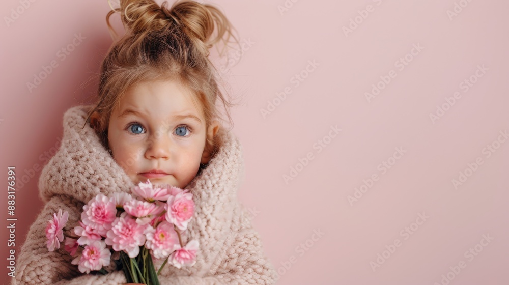A little girl with blue eyes and a fluffy knitted sweater holds a bouquet of pink flowers. The pink background enhances the softness and purity of the moment. A little girl with blue eyes and a fluffy knitted sweater holds a bouquet of pink flowers. The pink background enhances the softness and purity of the moment.