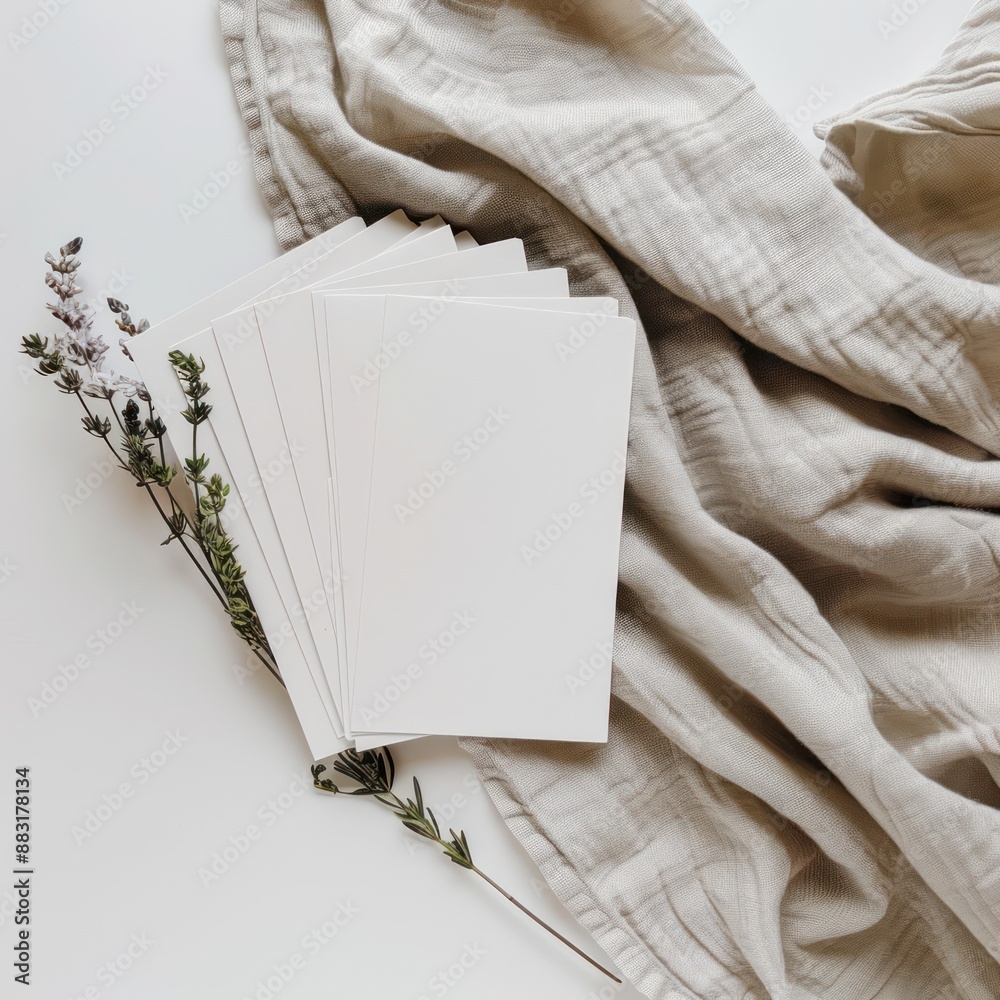 Blank White Cards Arranged on White Background With Beige Fabric and Dried Flowers Blank White Cards Arranged on White Background With Beige Fabric and Dried Flowers