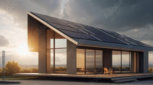 Rendering of a house with a roof covered with solar panels and sunlight penetrating through the clouds