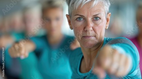 A senior woman practices martial arts with a determined expression, her fists outstretched in focus. The image depicts strength, dedication, and the importance of physical fitness. photo