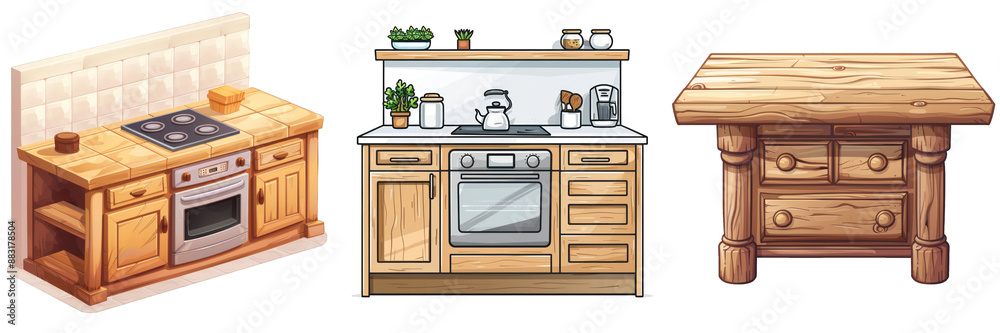 A set of three wooden kitchen furniture pieces including stoves, cabinets, and a table on a transparent background.