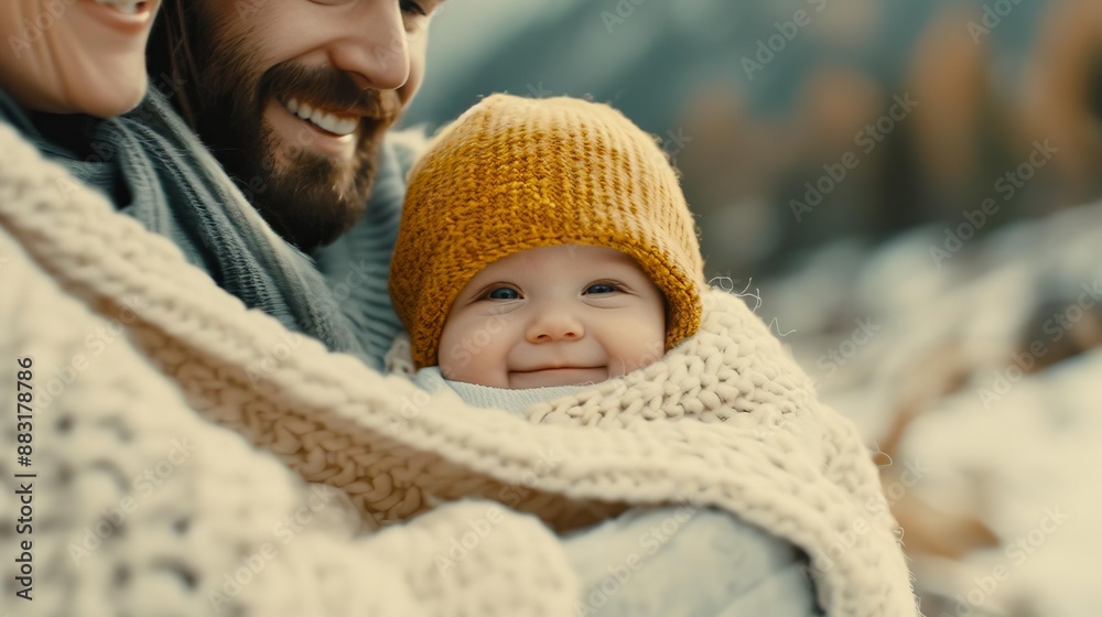Fototapeta premium Smiling baby in yellow knit hat and cozy blanket with parents, outdoors in a beautiful nature setting.