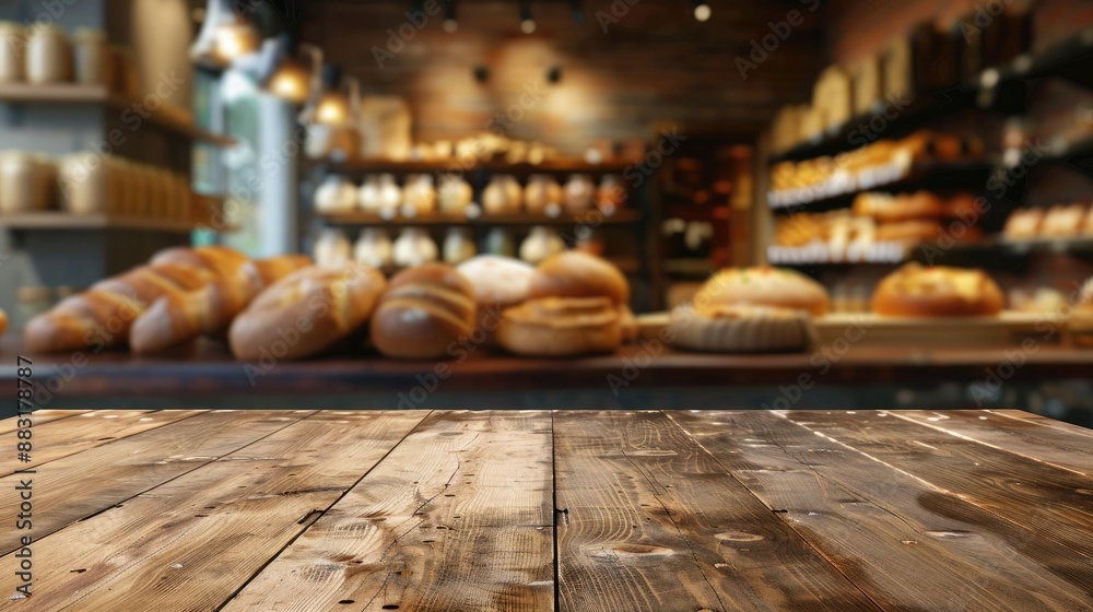 Wooden table surface with a blurred background of a bakery, filled with fresh baked goods and warm lighting, perfect for product display or montage.