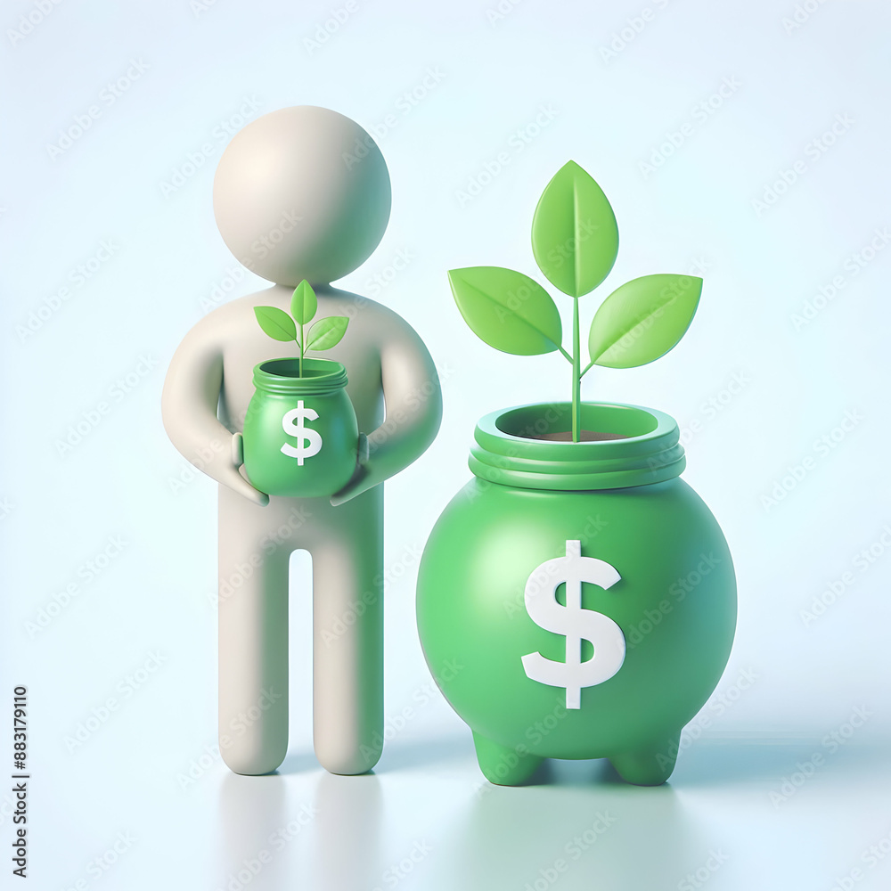 3D Flat Icon Concept: Person with Green Savings Jar and Plant for Savings and Sustainable Growth, Isolated on White Background 3D Flat Icon Concept: Person with Green Savings Jar and Plant for Savings and Sustainable Growth, Isolated on White Background
