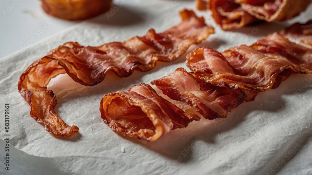 Crispy Cooked Bacon Strips On White Paper Crispy Cooked Bacon Strips On White Paper