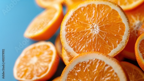 Close-up of juicy orange slices with detailed texture, capturing their vibrant color and freshness. The image highlights the luscious appeal of this nutritious citrus fruit. photo