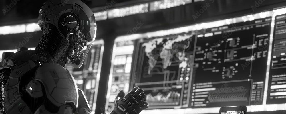 Futuristic robot analyzing data on multiple screens in a high-tech ...