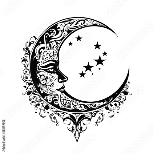 Celestial crescent moon tattoo design illustration on transparent background.