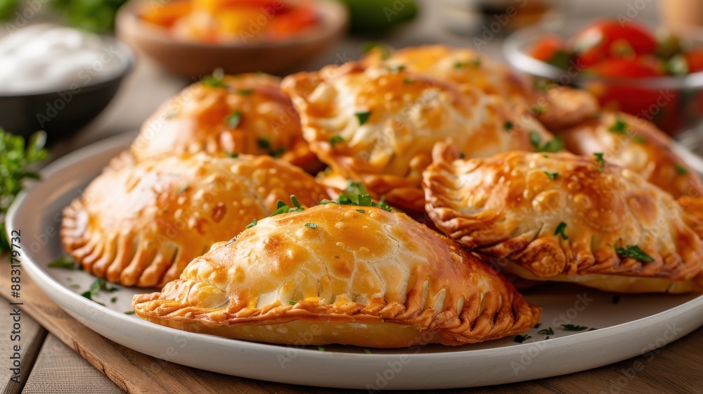 A beautifully arranged plate of golden-brown empanadas, each garnished with fresh herbs, tantalizing the senses and showcasing a delicious traditional dish. A beautifully arranged plate of golden-brown empanadas, each garnished with fresh herbs, tantalizing the senses and showcasing a delicious traditional dish.