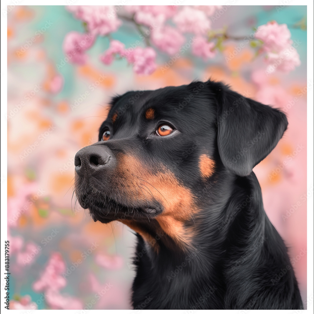 Rottweiler dog portrait with blooming spring flowers in nature - black and brown canine Rottweiler dog portrait with blooming spring flowers in nature - black and brown canine