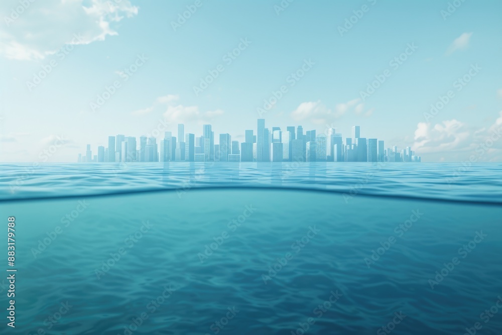 Fototapeta premium Urban Submersion, Coastal City Flooding Due to Rising Sea Levels, Climate Change and Earth Conceptual Scene of Flooding Danger