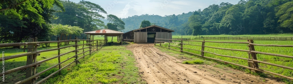 Rural Farm Landscape Featuring a Barn and Stable Surrounded by Lush Green Fields and Trees Rural Farm Landscape Featuring a Barn and Stable Surrounded by Lush Green Fields and Trees