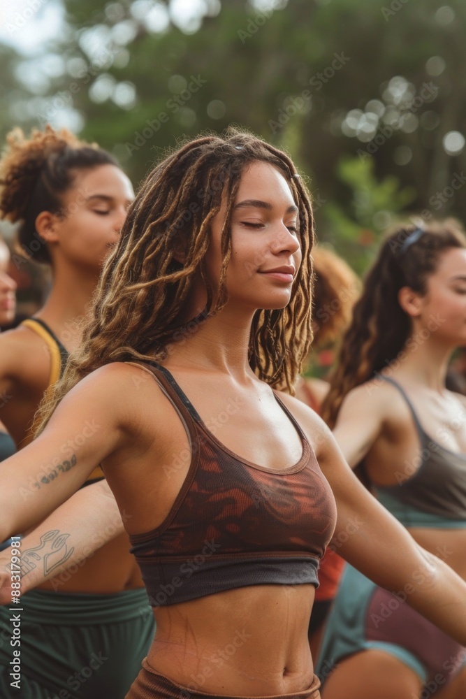 A woman with dreadlocks meditates with eyes closed, practicing yoga with a group of friends outdoors A woman with dreadlocks meditates with eyes closed, practicing yoga with a group of friends outdoors