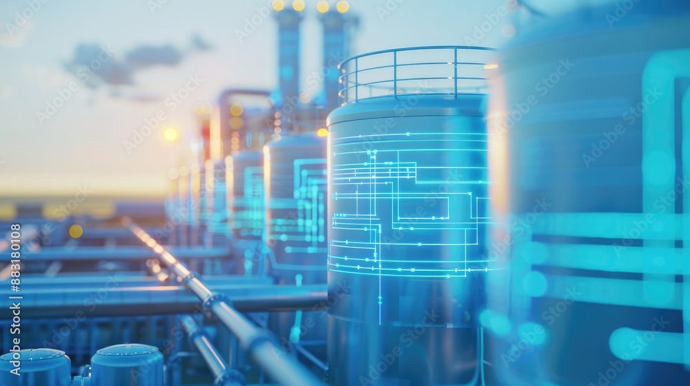 Obraz premium Synergy of Sustainability and Finance, Double Exposure of Hydrogen Fuel Cell Plant