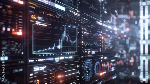 High-tech financial data display with charts and graphs on digital screens, showcasing advanced trading and market analytics. © Sodapeaw