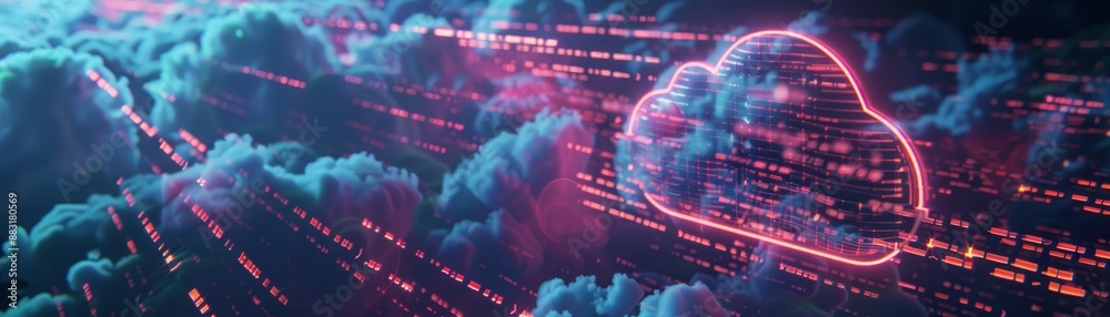 Stylized digital representation of cloud computing with neon lights, showcasing data transmission through virtual spaces. Stylized digital representation of cloud computing with neon lights, showcasing data transmission through virtual spaces.