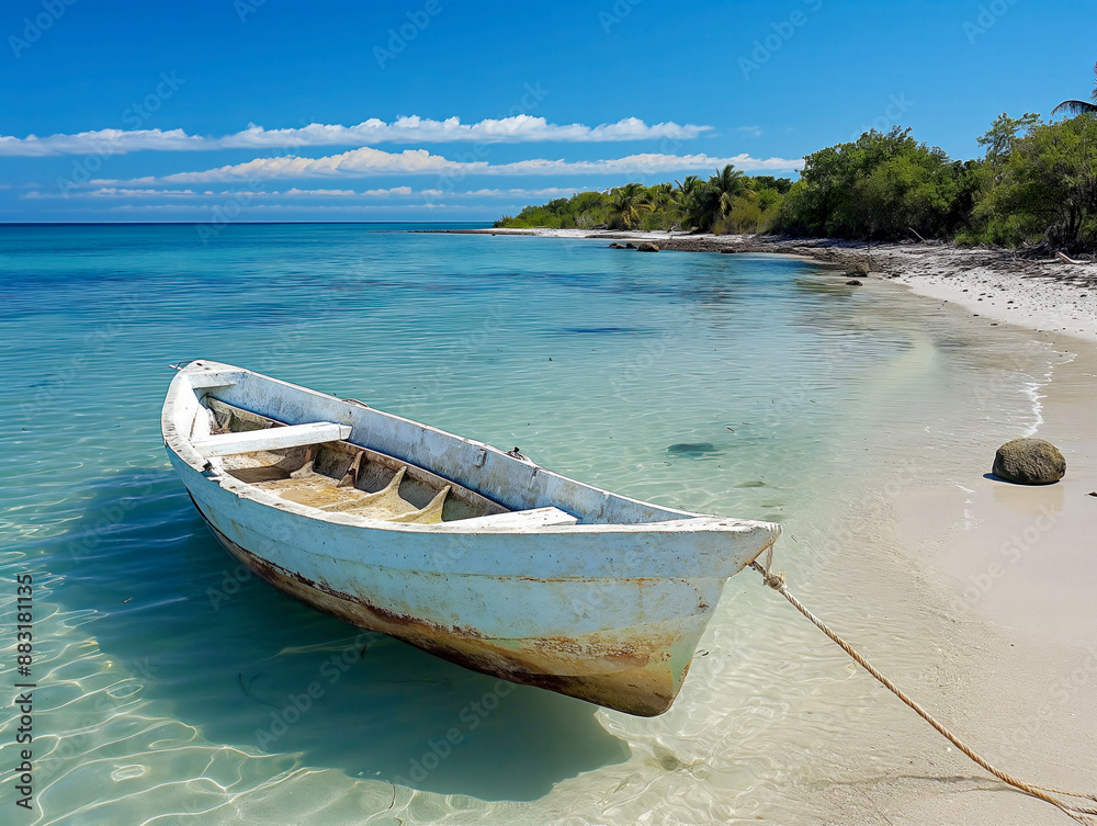 A small white boat is sitting in the water near the shore. The water is calm and the sky is clear A small white boat is sitting in the water near the shore. The water is calm and the sky is clear