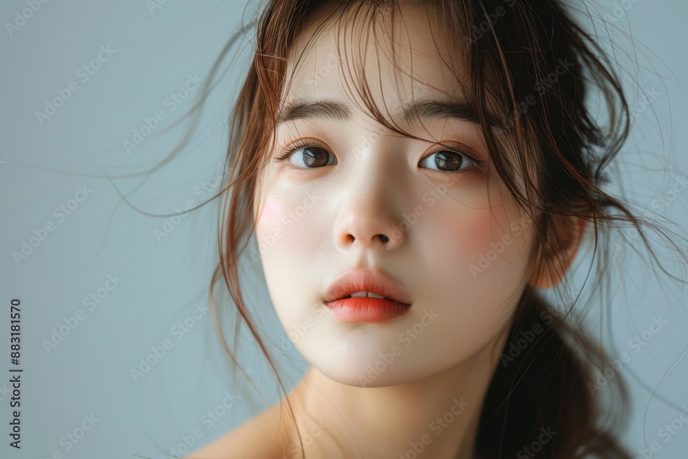 94 A fashionable 20-year-old Korean model with matte lips, solid background, studio lighting,