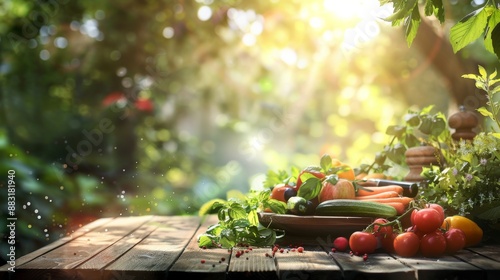 [AYXP=25483-0] Photorealistic 85mm bokeh detailed, outdoor setting, a beautifully plated healthy meal on a rustic wooden table, surrounded by fresh vegetables and herbs, natural sunlight filtering thr photo