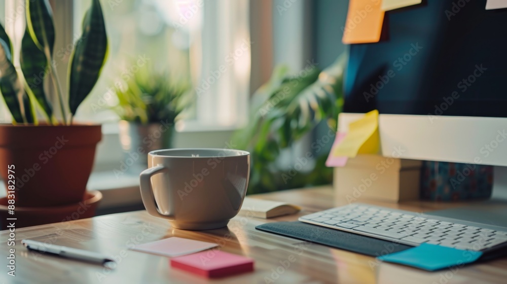 A tidy workspace with a desktop computer, coffee mug, and sticky notes High quality images A tidy workspace with a desktop computer, coffee mug, and sticky notes High quality images
