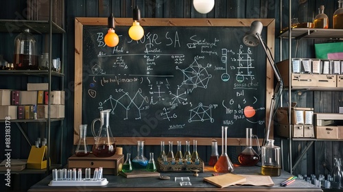 Science blackboard with math. Real physical equations of relativity theory, string theory and quantum mechanics. AI generated illustration