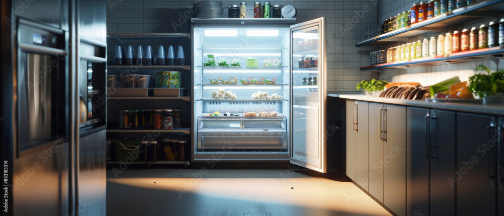 A modern kitchen with a prominently lit, open refrigerator stocked with fresh produce, jars, and beverages, showcasing well-organized culinary essentials. A modern kitchen with a prominently lit, open refrigerator stocked with fresh produce, jars, and beverages, showcasing well-organized culinary essentials.