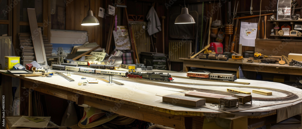 An orderly workshop with a meticulously crafted train set, offering a glimpse into the intricate world of model train enthusiasts. An orderly workshop with a meticulously crafted train set, offering a glimpse into the intricate world of model train enthusiasts.