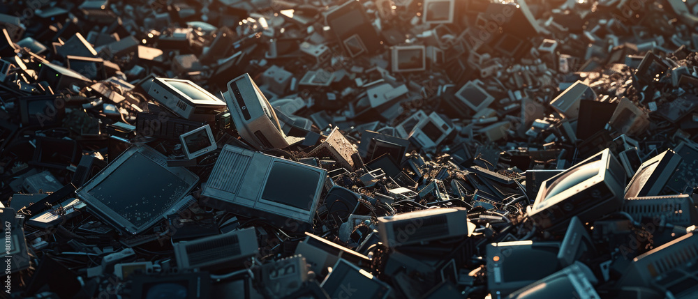 An immense pile of old electronic devices bathed in the warm glow of dawn, symbolizing the growing concern over e-waste in our modern world. An immense pile of old electronic devices bathed in the warm glow of dawn, symbolizing the growing concern over e-waste in our modern world.