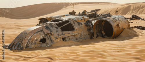 A derelict spacecraft sits strewn across desert dunes, displaying the harsh elements' toll and invoking a narrative of interstellar ruin.