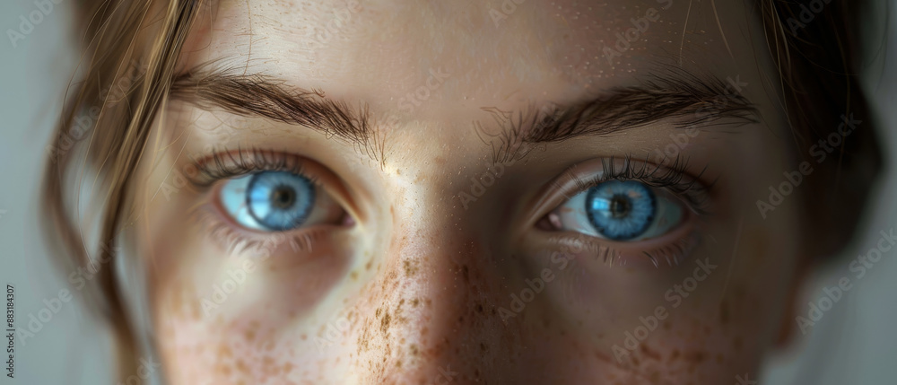 Naklejka premium Close-up of a young person's striking blue eyes, framed by freckles, radiating intense emotion and depth.