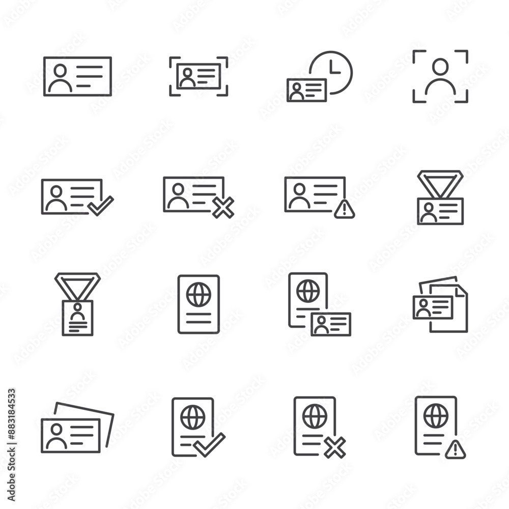 Simple Set of ID and Verification Related Vector Line Icons. Contains such Icons as Passport, Driving License, Legal documents and more Simple Set of ID and Verification Related Vector Line Icons. Contains such Icons as Passport, Driving License, Legal documents and more