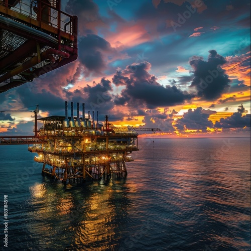 An offshore oil platform with a beautiful dusk sky in the background, highlighting the contrast between industry and nature.  #883184598