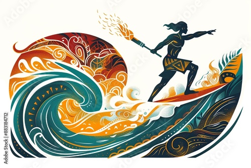 Polynesian surfer rides surfboard on wave with Olympic torch in his hand. Symbol of surfing - Olympic sport