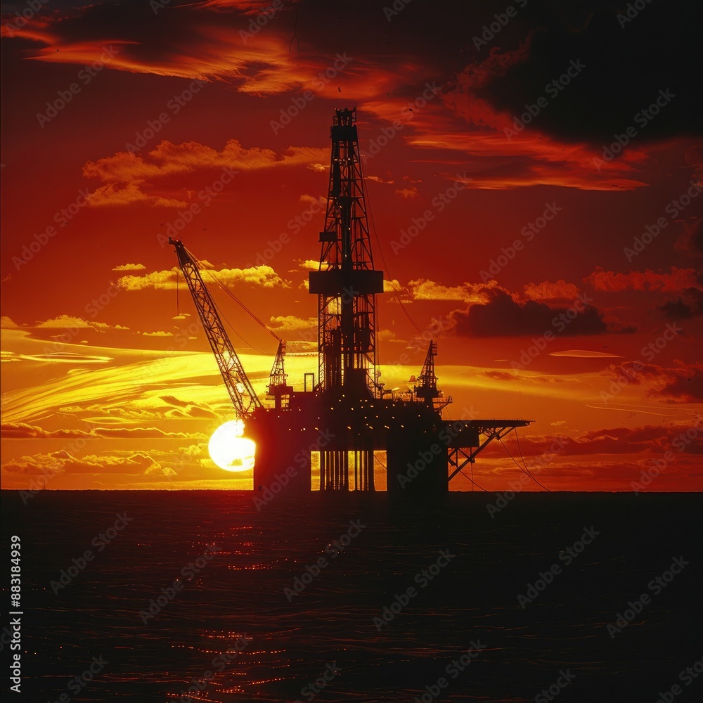 Obraz premium An offshore oil rig with the sun setting behind it, creating a silhouette effect against the dusky sky. 